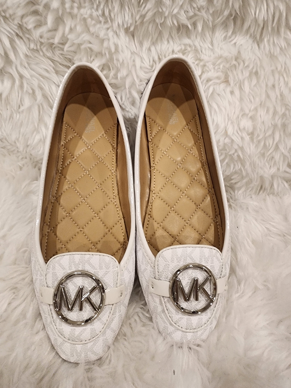 Michael Kors White Logo Quilted Leather Round MK Emblem Flats